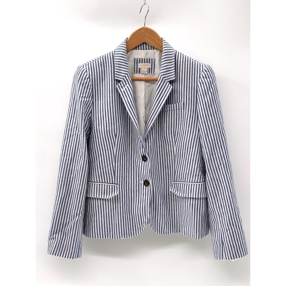 J. Crew Blazer Suit Jacket Women Size 14 Preppy Pinstriped Blue White